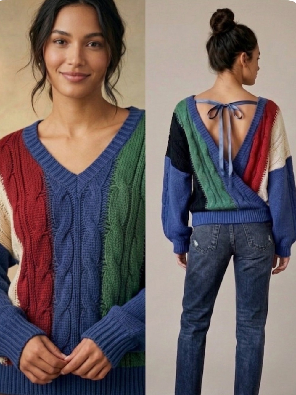 Skylar Rose Vintage Colorblock Cable Knit Sweater Crisscross Ribbon Tie Back